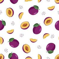Seamless Pattern Ripe plum whole in a purple peel, half a plum with a stone and a plum slice. illustration of delicious berries. vector