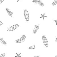 Seamless pattern summer doodle icons. illustration of a surfboard, palm, shells. Background of active and beach holidays. vector