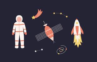 Cosmos doodle is a set of illustrations. Icons of space elements rocket cosmonaut stars satellite comet. vector