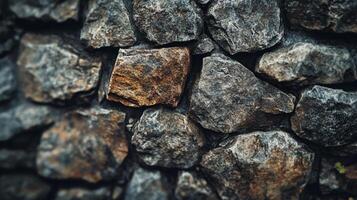 A close up of a stone wall with many different types of rocks photo