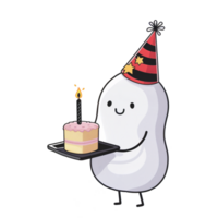 smiling character wearing a party hat holds a tray with a small cake topped with a single lit candle cutouts png