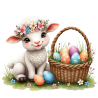 lamb adorned with a floral crown sits next to a wicker basket filled with colorful Easter eggs cutouts png