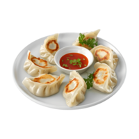 A plate with dumplings and sauce on it png
