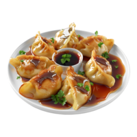 A plate of dumplings with sauce and garnish png
