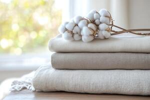 Stack of neutral colored linen fabrics with cotton flowers on top photo