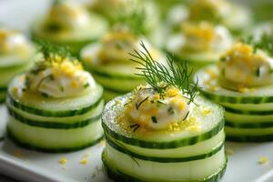 Cucumber appetizer bites with dill, yogurt and lemon zest on slate plate photo