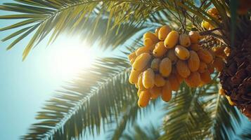 Bunch of yellow dates hanging from palm tree in sunlight photo