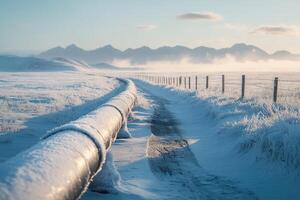 Frozen pipeline stretching across snowy landscape at sunrise photo