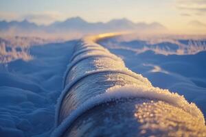 Frozen gas pipeline stretching across snowy landscape at sunset photo