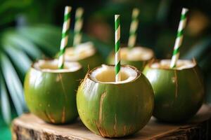 Refreshing tropical coconuts with striped straws photo