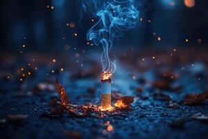 Burning cigarette butt on asphalt with smoke rising photo