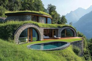 Modern sustainable house blending with nature in the italian alps.. photo