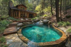 Luxurious log cabin with inviting swimming pool in a forest setting. photo