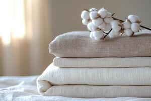 Stack of neutral colored linen fabrics with cotton flowers on top. photo
