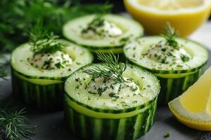 Cucumber appetizer bites with dill, yogurt and lemon zest on slate plate. photo