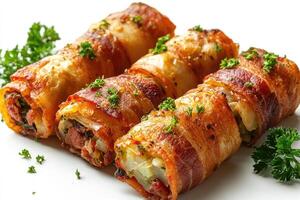 Cabbage rolls wrapped in bacon with herbs and spices resting on baking paper photo