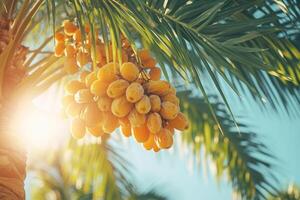 Bunch of fresh dates growing on date palm tree under sunlight. photo