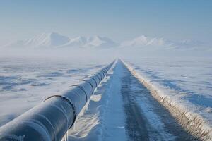 Frozen pipeline stretching across snowy landscape towards mountains.. photo