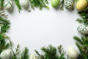 Easter eggs and fir branches creating a frame on white background photo