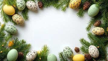 Easter eggs and pine branches forming a frame on white background.. photo
