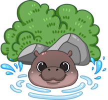 Cute Pygmy Hippo cartoon Bath in pond digital painting png
