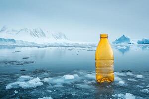Plastic bottle polluting pristine arctic landscape with icebergs and mountains photo