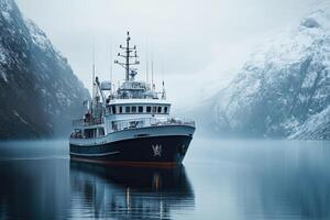 Expedition yacht sailing in norwegian fjord with snowy mountains in background photo