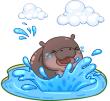 Cute Pygmy Hippo in pond cartoon digital painting png
