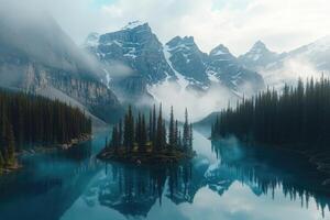 Spirit island reflecting on moraine lake in banff national park during a misty morning photo