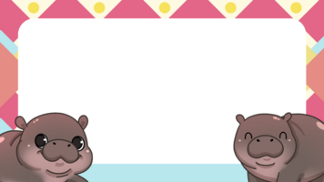 Pink Frame of Cute Pygmy Hippo cartoon digital painting png