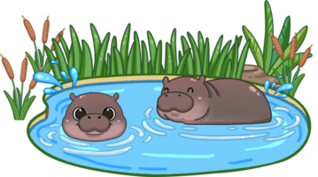 Cute Pygmy Hippo cartoon in pond digital painting png
