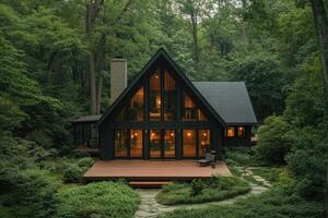 Modern a-frame cabin nestled in lush forest at dusk photo