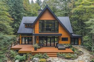 Modern a-frame cabin nestled in the woods with large deck and patio furniture photo
