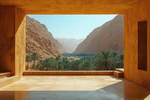 Modern architecture framing scenic desert oasis with palm trees and mountains photo