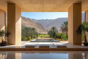 Luxurious resort lobby overlooking oasis and mountains in desert photo