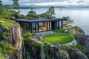 Modern luxury cliffside house overlooking tranquil ocean at dusk. photo