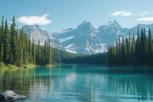 Moraine lake reflecting snowy mountains and pine trees in banff national park photo