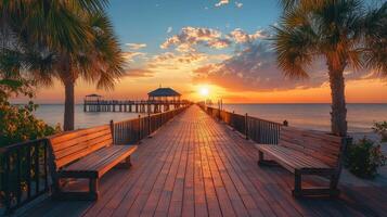 Naples pier extending into the ocean at sunset with benches and palm trees photo