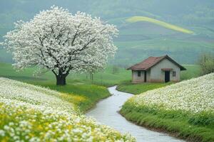 Blooming cherry tree near small house in spring field. photo