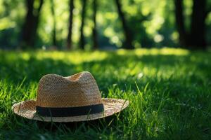 Summer vacation concept with straw hat lying on grass in the park photo