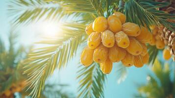 Bunch of yellow dates hanging from palm tree in sunlight.. photo