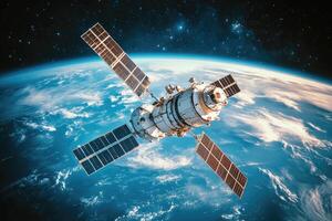 Space station orbiting earth with solar panels deployed in space photo