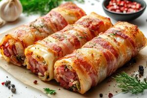 Cabbage rolls wrapped in bacon with herbs and spices resting on baking paper. photo