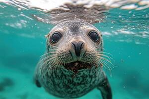 Curious seal pup swimming underwater with seaweed in mouth. photo