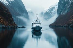 Expedition yacht sailing in norwegian fjord with snowy mountains in background. photo