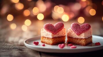 Delicious heart shaped cakes celebrating valentine's day with bokeh lights photo