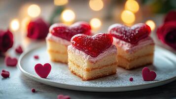 Heart-shaped desserts on elegant plate with bokeh photo