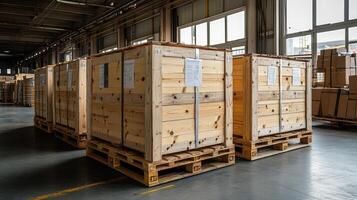 Large wooden crates sitting on pallets in distribution warehouse photo