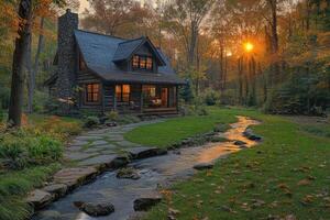 Log cabin setting sun illuminating forest stream at dusk in autumn photo