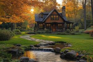 Cozy log cabin nestled in autumn forest with flowing stream at sunset photo
